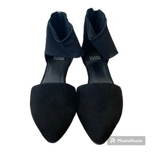 Eileen Fisher Allot Suede d'Orsay Flat Womens 6 Black Mesh Ankle Strap Zipper